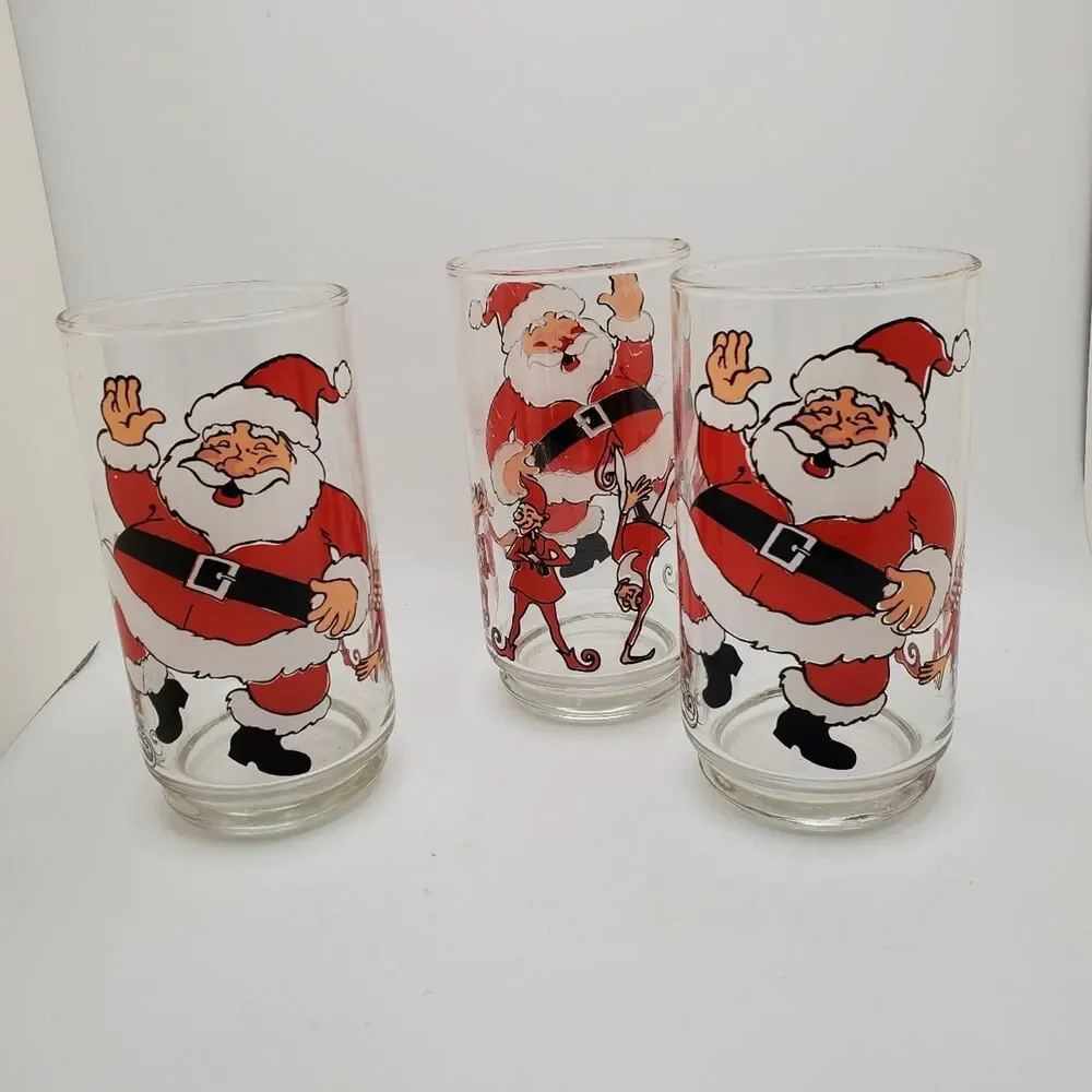 Vintage Christmas Santa Claus and Elves Drinking Glasses Set of 3 Tumblers